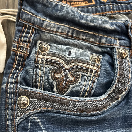 Mens Rock Revival "BERKO" Boot Leather Inserts Double Faux Pockets Jeans 34x31 - Picture 7 of 15