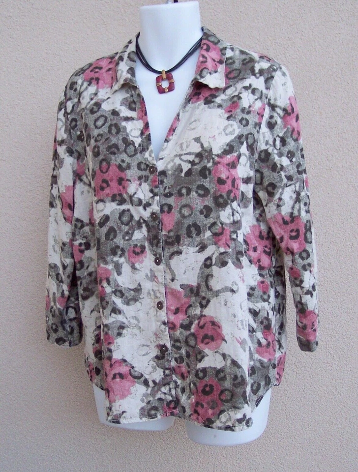 Hot Cotton Marc Ware linen top shirt size L XL FALL leopard print vneck blouse - Image 2 of 4