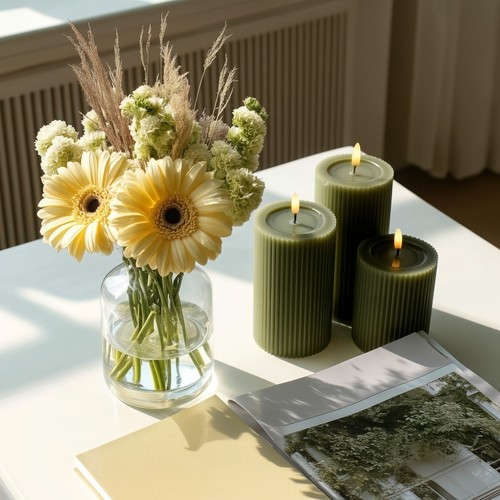 Set of 3 Loden Green Ribbed LED Candles – Flameless, Remote, Battery Operated - Picture 3 of 9