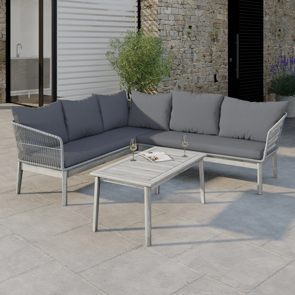 Grey Rope Effect Garden Corner Sofa Set 6 Seater with Table and