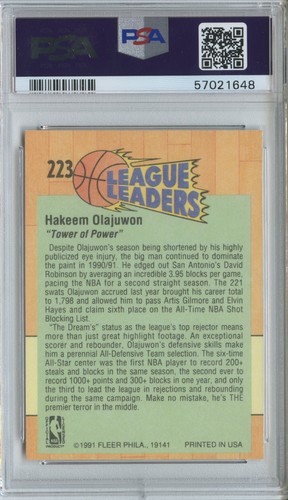 1991 Fleer Hakeem Olajuwon #223 League Leaders PSA 8 - HOF - Picture 2 of 2