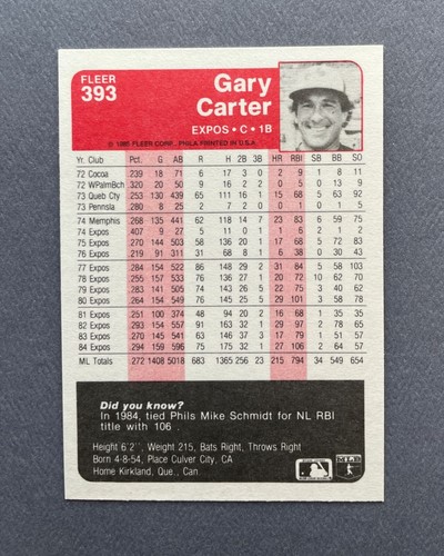 1985 Fleer Baseball Gary Carter #393 HOF Montreal Expos - Picture 2 of 2