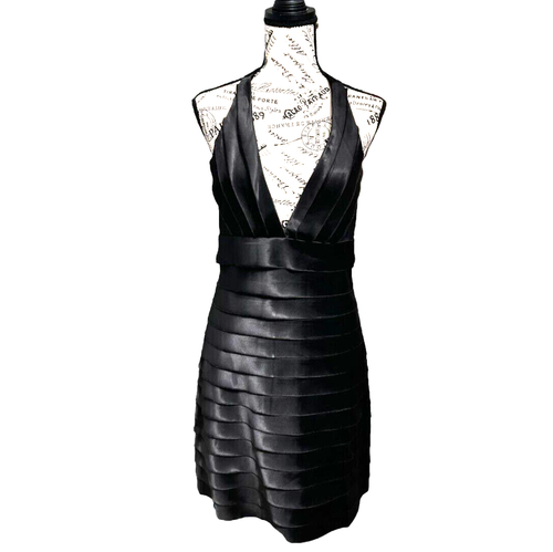 Twenty One M Black Satin Halter Mini Dress Cocktail Pleated Tiered Party Event - Picture 2 of 8
