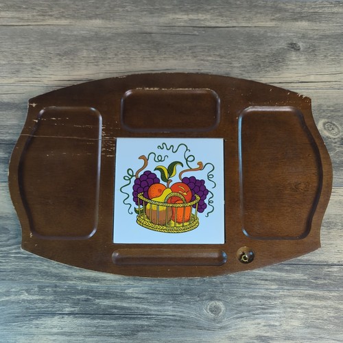 Vtg Charcuterie Board Cheese and Fruit Platter MCM Japan Wood With Ceramic Title