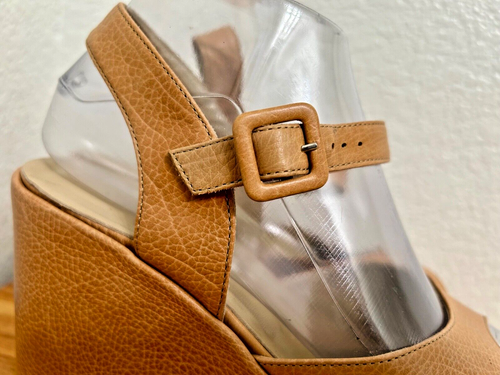 VARDA Handmade in Italy Tan Leather Platform Sandals Heels Shoes Open Toe Size 7 - Picture 3 of 14