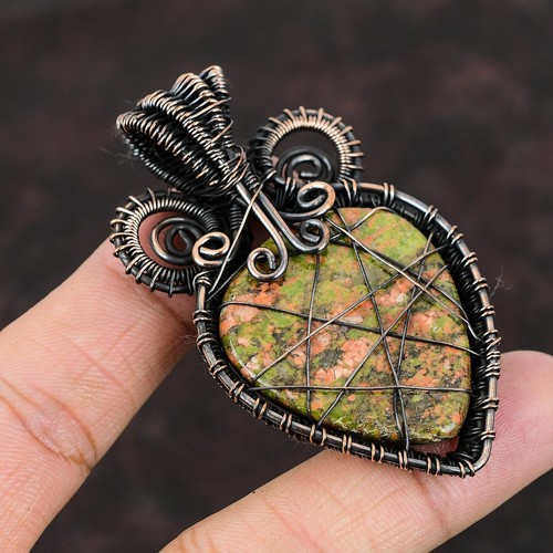 Unakite Gemstone Jewelry Copper Gift For Friend Wire Wrapped Pendant 2.76" - Picture 4 of 6