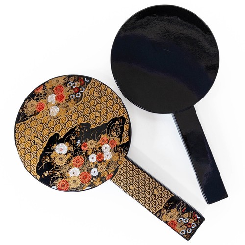 Vintage japanische Geisha Awase-Kagami Chrysanthemen-Design lackierter Doppelspiegel: A - Bild 6 von 9