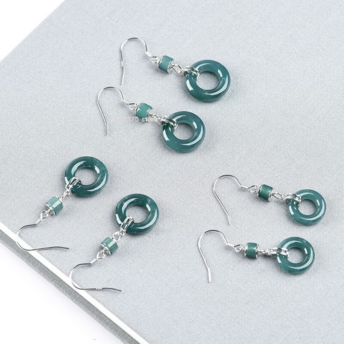 Real 925 Sterling Silver Natural A Grade Jadeite Blue Water Circle Earrings - Picture 3 of 6