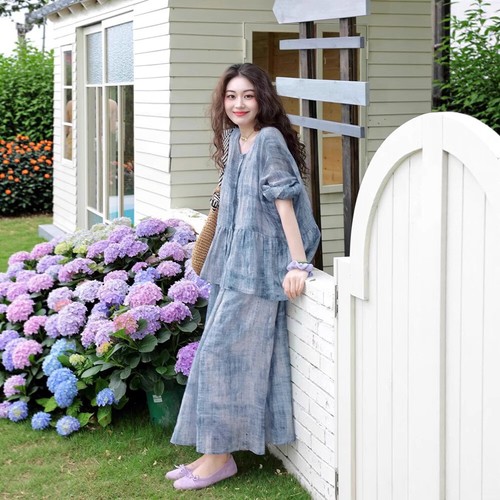 Women's Two-piece Suit Skirt Summer Ramie Printed Shirt Top Strappy Dress Long