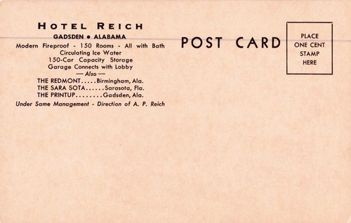 Hotel Reich, Gadsen, Alabama Vintage PC - Picture 2 of 2