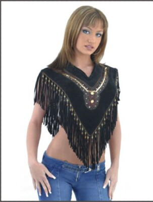 Womens Stylish Leather Poncho Leather Top Ladies Motorcycle Sequins Beads Fringe