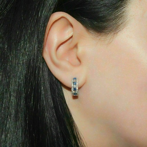 2Ct Lab Created Blue Sapphire Diamond Huggie Hoop Earrings 14K White Gold Plated - Picture 6 of 7