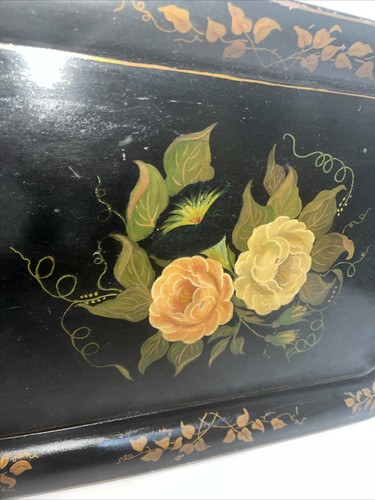Antique Tole Tray Black Gold Stencil Colored Flowers Primitive Farmhouse Decor - Picture 5 of 12