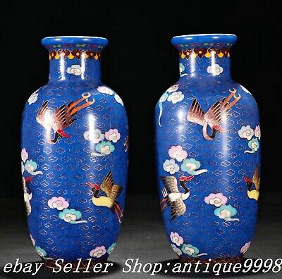 Paire de vase bouteille oiseaux grue porcelaine filigrane couleur émaillée 8,6