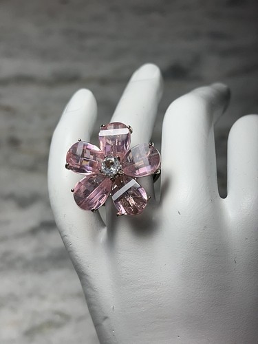 Pink Cushion Cut Glass Flower Ring, Large Flower, 6-7.5 Sizable - Picture 2 of 10