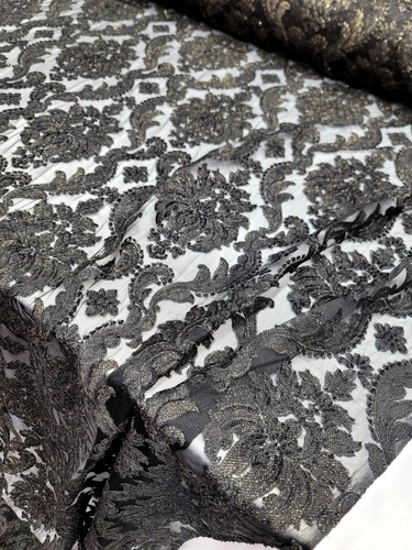 Bestickter Stretch Spitze Bekleidungsstoff durchsichtig schwarz Blumen Goldakzent - 52" breit - Bild 6 von 10