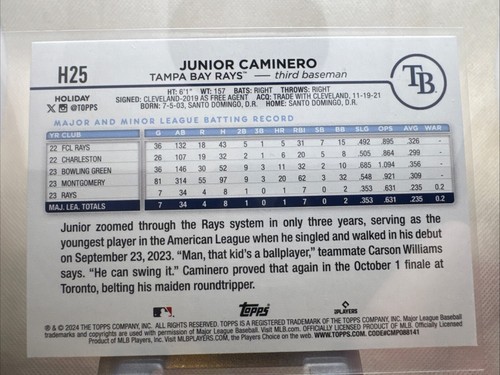 2024 Topps Holiday Blue Foil H25 Junior Caminero Tampa Bay Rays RC - Picture 2 of 2