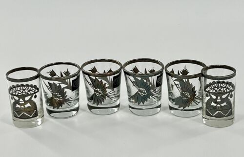 VTG Set of Six 900 Sterling Silver Etched Shot Glasses/MCM Art Deco Style/Peru - Picture 1 of 8
