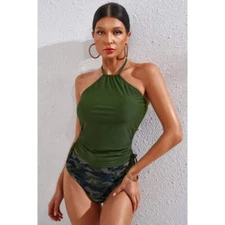 Drawstring Ruched Halter Neck Swim Top and Camouflage Bottoms Set
