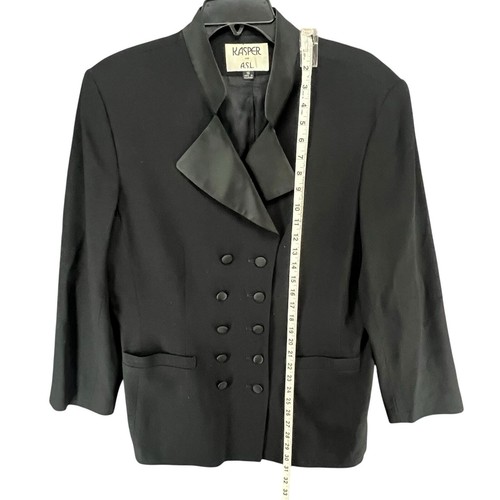 Vintage Kasper Tuxedo Jacket Womens 16 Black Wool Satin Double Breasted Blazer - Picture 8 of 15