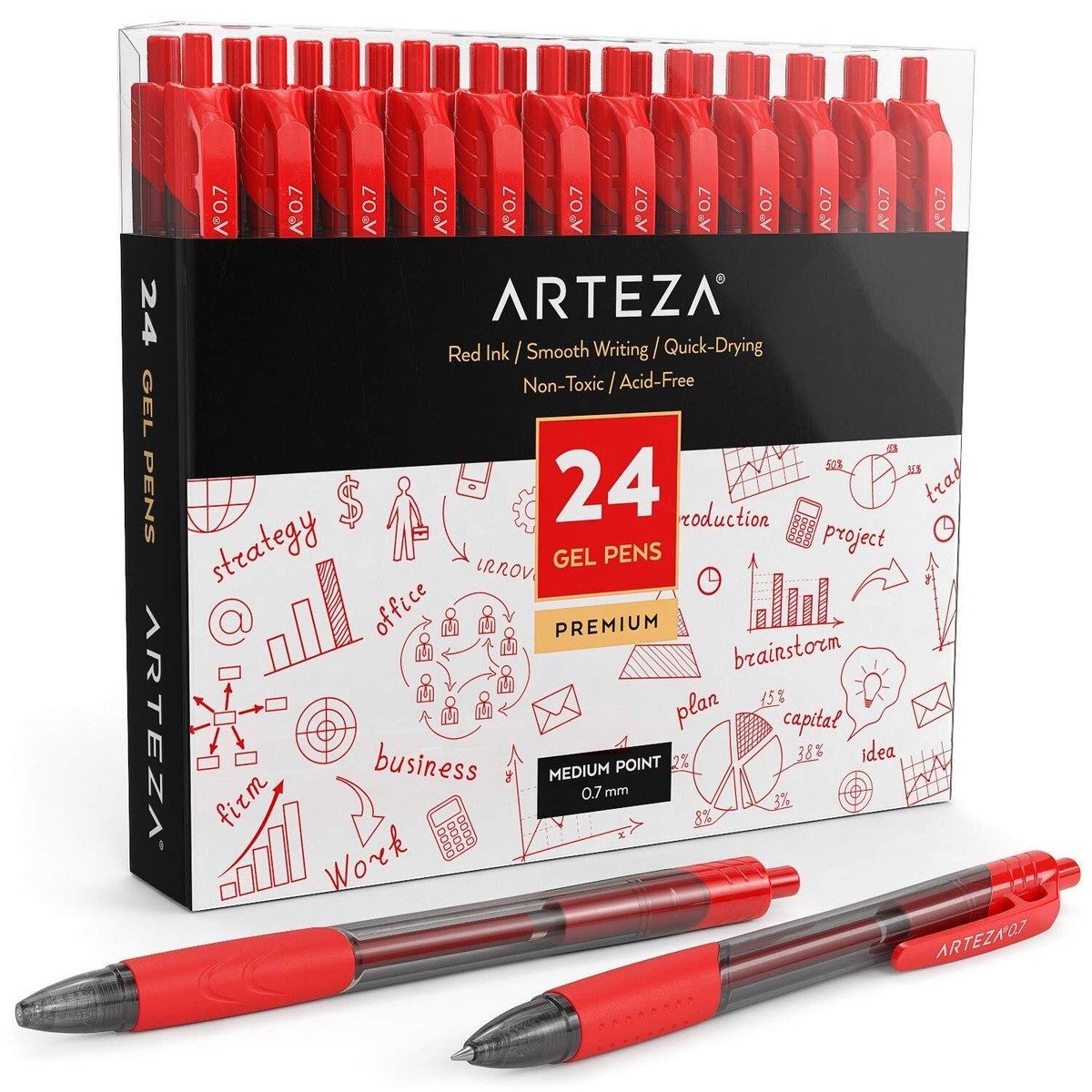 ARTEZA Red Gel Pens Pack of 24 0.7mm Medium Point Quick