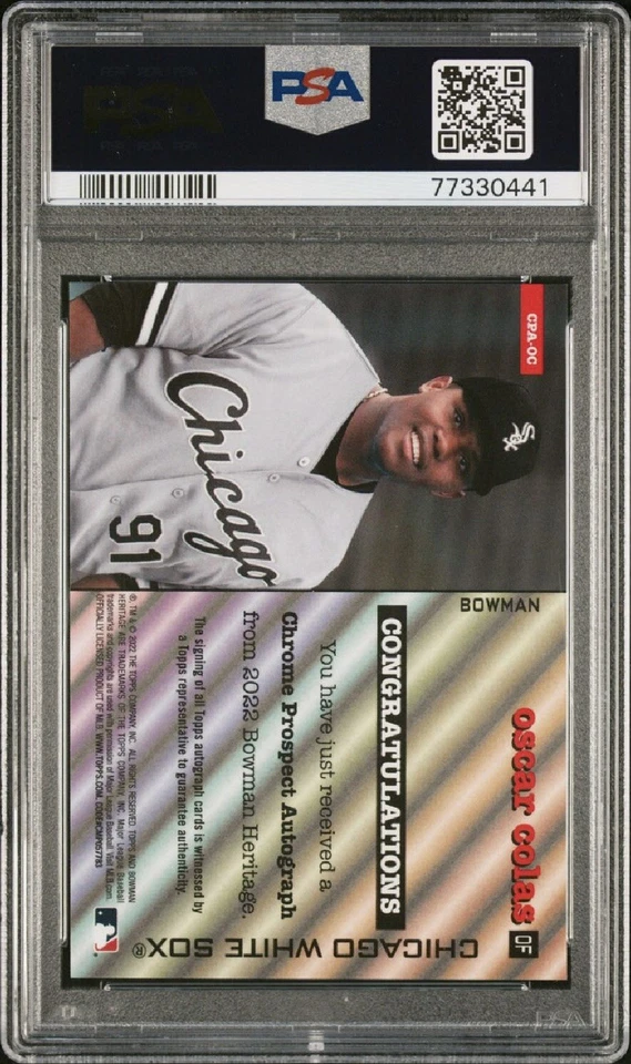 2022 Bowman Heritage Oscar Colas Chrome Prospect Auto Rookie SP PSA 10 GEM MINT - Image 2 of 2