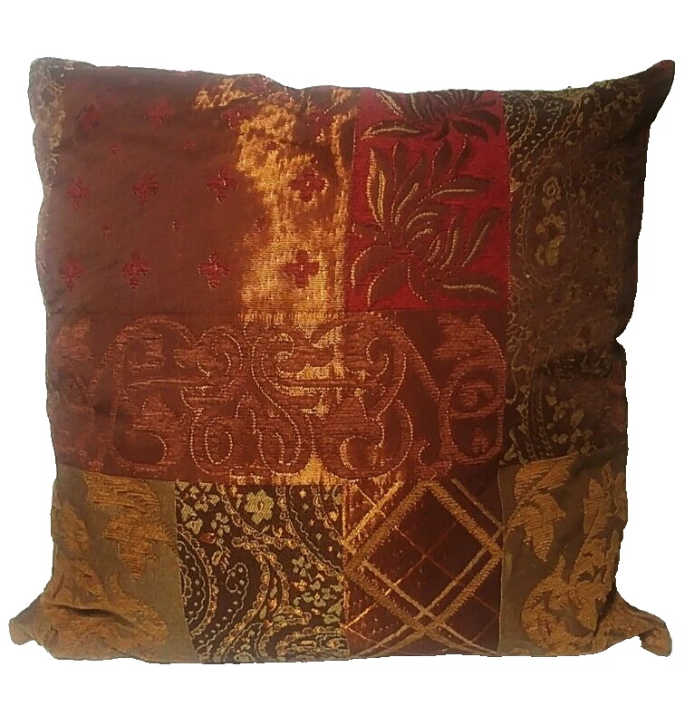 Pier One Throw Pillow, Patchwork Paisley Copper, Brown, Burgandy, w Gold 17x17 - Image 2 of 4