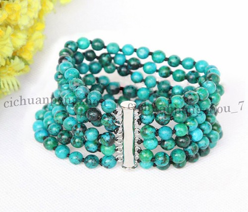 6 Rows Genuine 6mm Green Azurite Round Gemstone Beads Bangle Bracelet 7.5'' - Picture 2 of 3