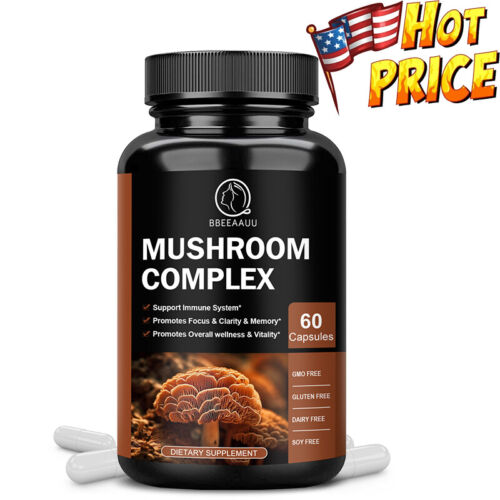 Mushroom Complex Supplement Capsules - 10 Mushrooms Lions Mane, Reishi, Chaga - Picture 2 of 9