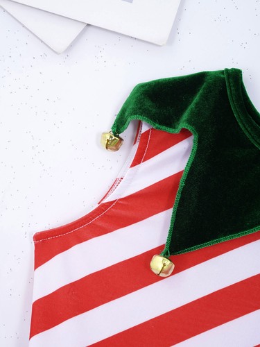 Kids Girls Christmas Elf Candy Cane Costume Fancy Party Tutu Dress with Headband - Picture 25 of 35