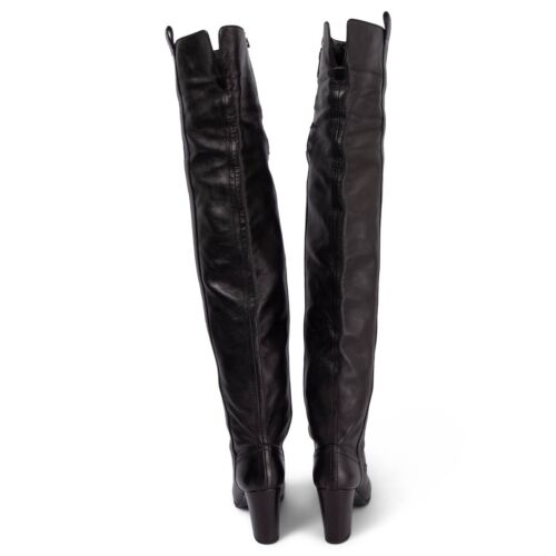 67254 auth CHANEL black leather OVER KNEE BLOCK HEEL Boots Shoes 37 - Picture 4 of 7