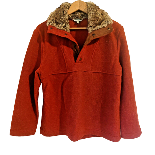 Neu ohne Etikett Orvis Damen Druckknopf Pullover Pulli rot Kunstfellkragen Gr. M Jacke 43L6
