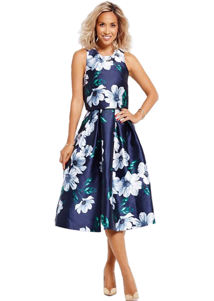 LADIES MYLEENE KLASS DESIGNER EVENING RACES PARTY PROM FLOWER DRESS DARK BLUE