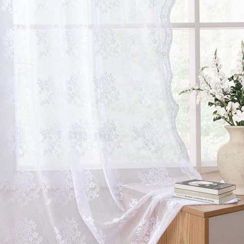 White Sheer Curtains 96 Inches Long 2 Panels Vintage Voile Lace Sheer Floral - Picture 5 of 7