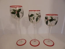 Holiday decor Christmas 3 decorative glasses Missing paint on one  rim see photo