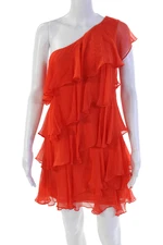 H Halston Heritage Womens Silk One Shoulder Tiered Dress Orange Size 4