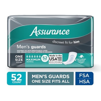 Assurance Men's Guards, Maximum Absorbency, One Size Fits All, 52 Count