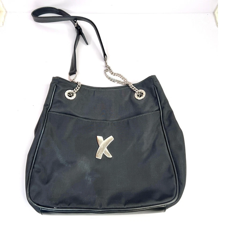 Bolso de hombro vintage Paloma Picasso logotipo 'X', nailon/cuero negro, correa de cadena Foto 4 de 4