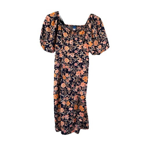 Old Navy Puff-Sleeve Floral-Print Pintucked Smocked Midi Swing Dress Size Medium - Picture 3 of 8