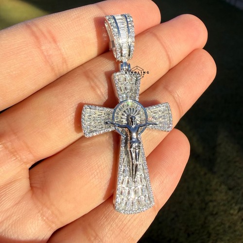 Moissanite Crucifix Jesus Pendant 925 Silver Iced Pass Testers Free Rope Chain - Picture 3 of 16