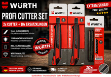 2x W&uuml;rth 2K Cuttermesser 9mm + 10 Ersatzklingen Cutter Teppichmesser Set