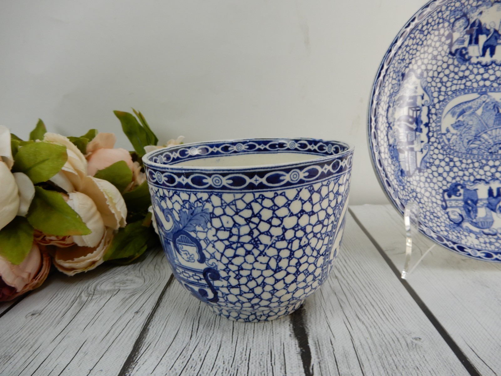 William Adams Pottery Pottery Blue & White Chinese Bird Jumbo Cup and Bowl