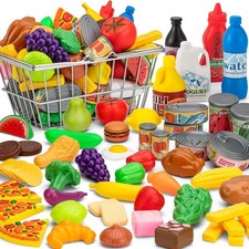 55 Pcs Grocery Store Pretend Play Food Set with Shopping Basket for Kids Toddler