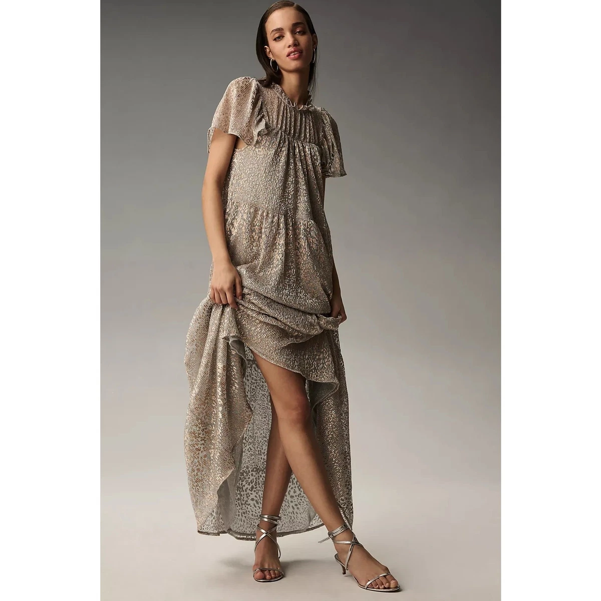 slim fit dress slacks Anthropologie Rose Gold Sequin Dress with Velvet Waist Belt and Tags  Attached (XL) main image 1