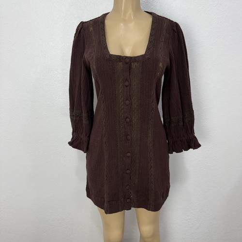 Free People Dress Brown Jules Mini TEXTURED Bubble Sleeve Women’s Sz M NWT - Bild 12 von 21