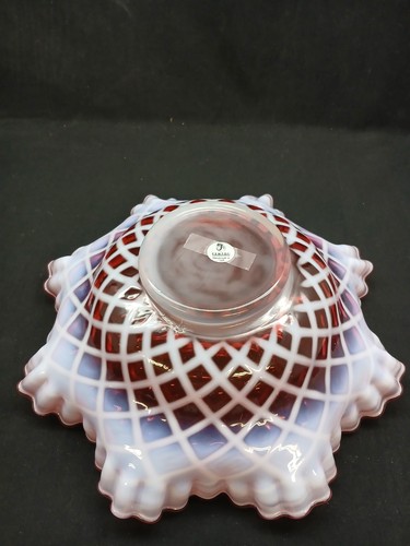Fenton Cranberry Glass Opalescent Ruffled Edge Bowl Lattice Diamond - Stamped - Picture 3 of 13