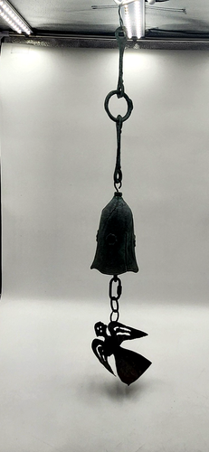 28" Vintage Brutalist Cast Iron Bronze Wind Bell Chime Angel patina - Picture 3 of 22