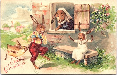 Vintage Easter Postcard Anthropomorphic Dressed Rabbit Bunnies Steal Eggs Chick.