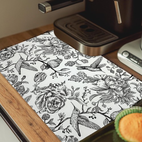 Tappetino Asciugapiatti Colibrì Floreale Bianco e Nero, Caffè Botanico Vintage... - Foto 5 di 7
