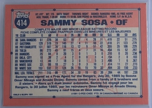 1991 TOPPS #414 SAMMY SOSA ERROR WRONG BIRTHDAY CHICAGO CUBS - Picture 2 of 2